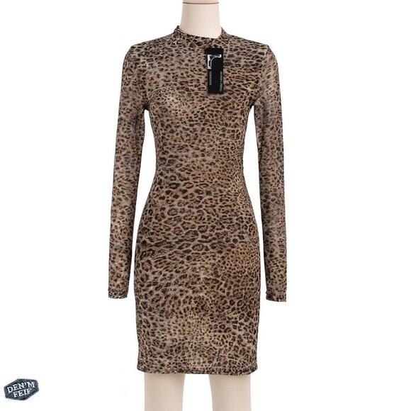 Lucky & Blessed Leopard Print Bodycon Long Sleeve Mesh Dress Size S - NEW - Picture 1 of 5